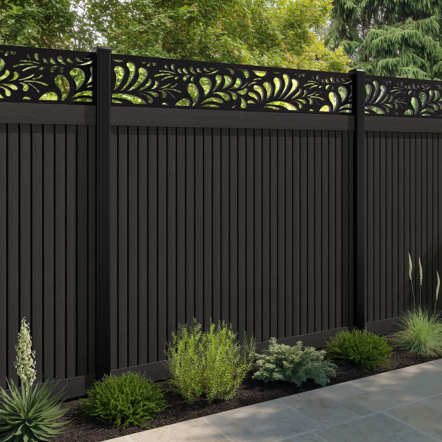 Virtis Petal Fence Panel - Dark Oak - with our composite posts