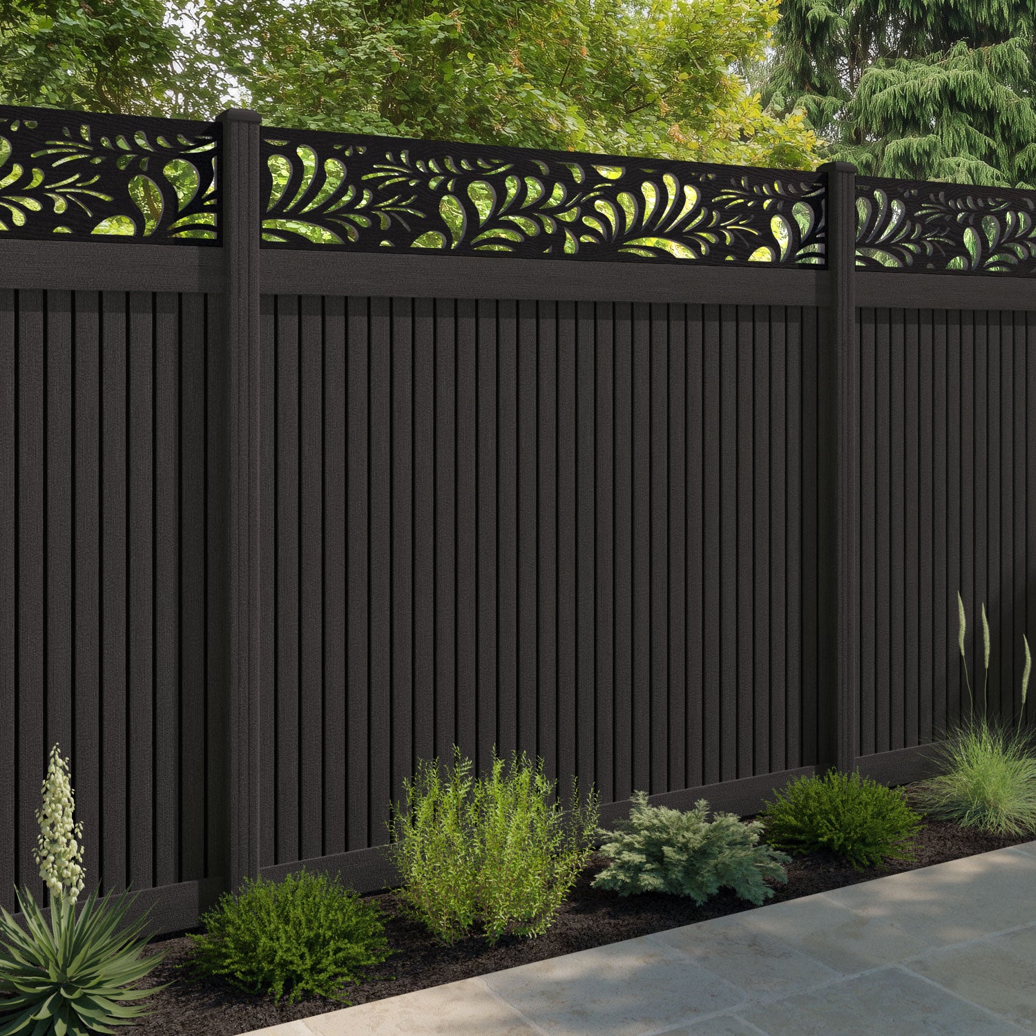 Virtis Petal Fence Panel - Dark Oak - with our composite posts