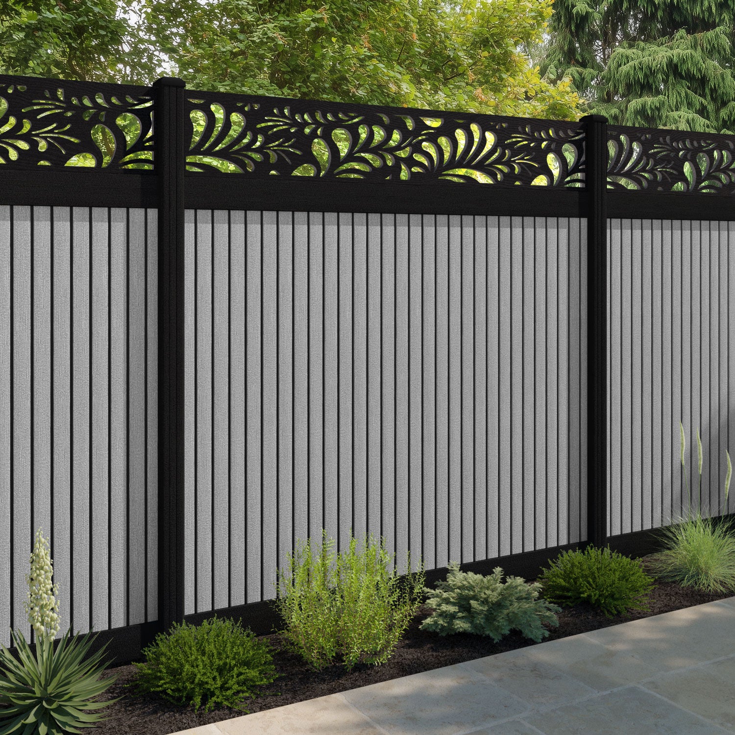 Virtis Petal Fence Panel - Light Grey - with our aluminium posts