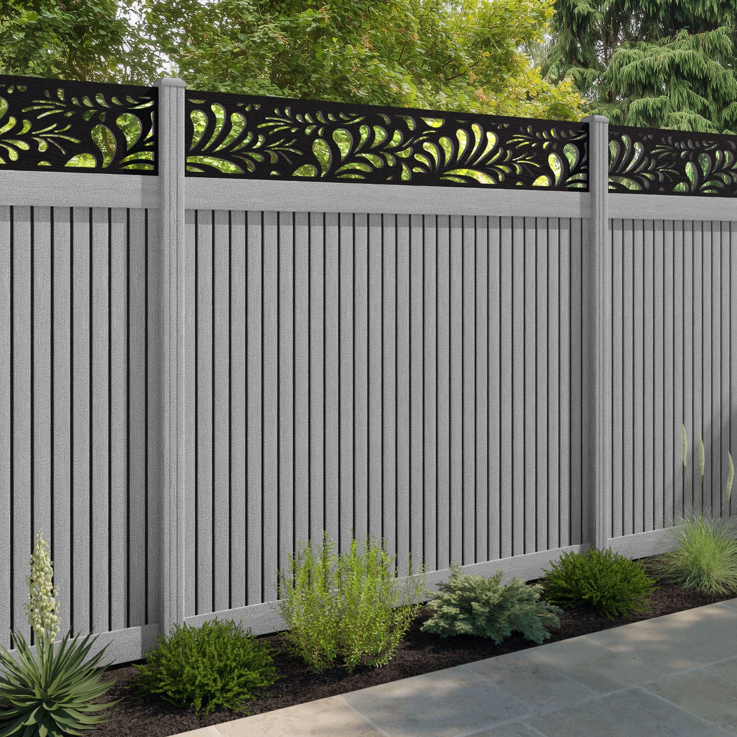 Virtis Petal Fence Panel - Light Grey - with our composite posts