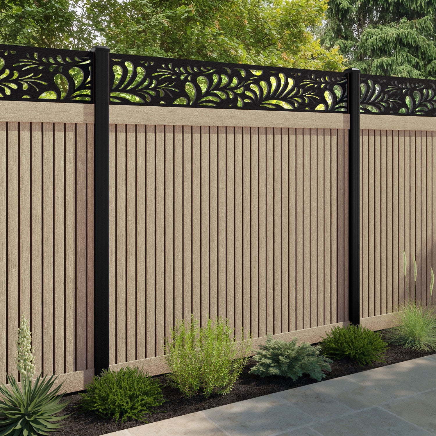 Virtis Petal Fence Panel - Light Oak - with our aluminium posts