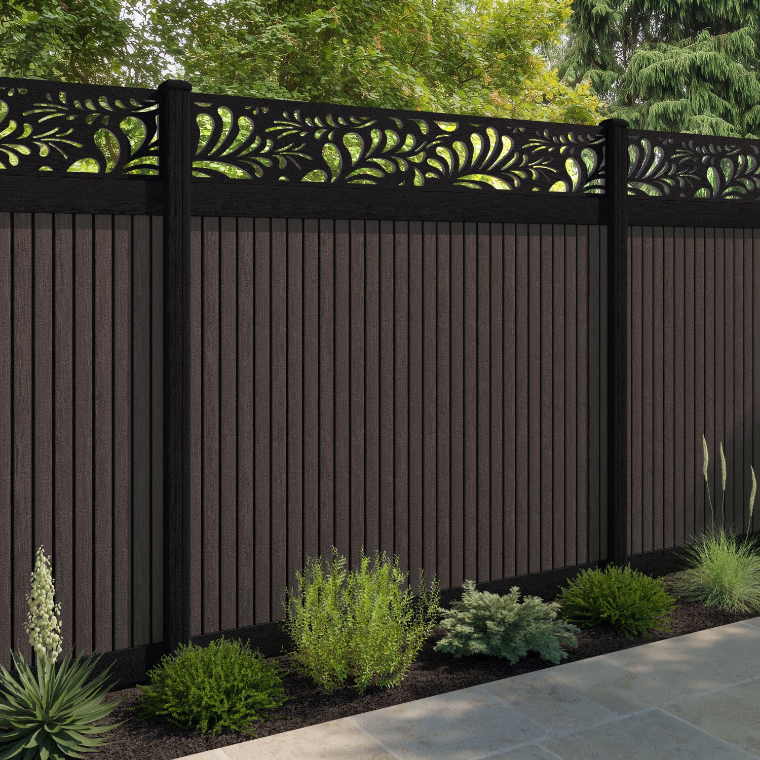 Virtis Petal Fence Panel - Mid Brown - with our aluminium posts