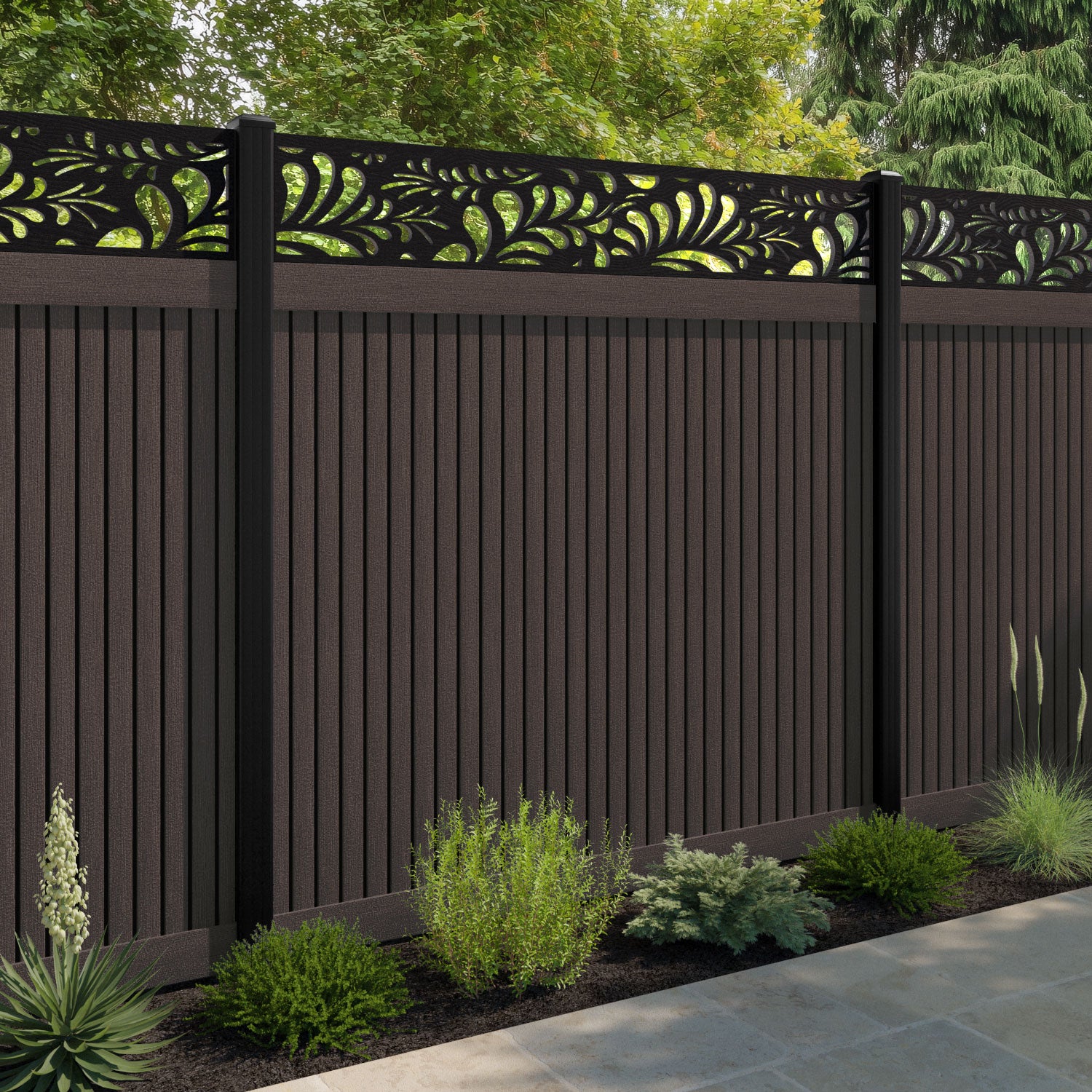 Virtis Petal Fence Panel - Mid Brown - with our composite posts