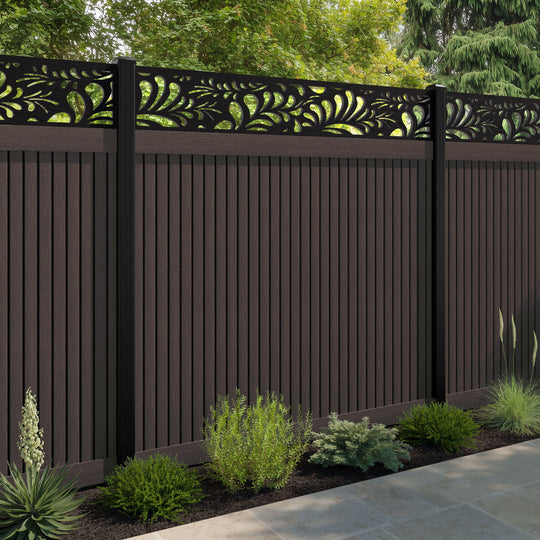 Virtis Petal Fence Panel - Mid Brown - with our aluminium posts