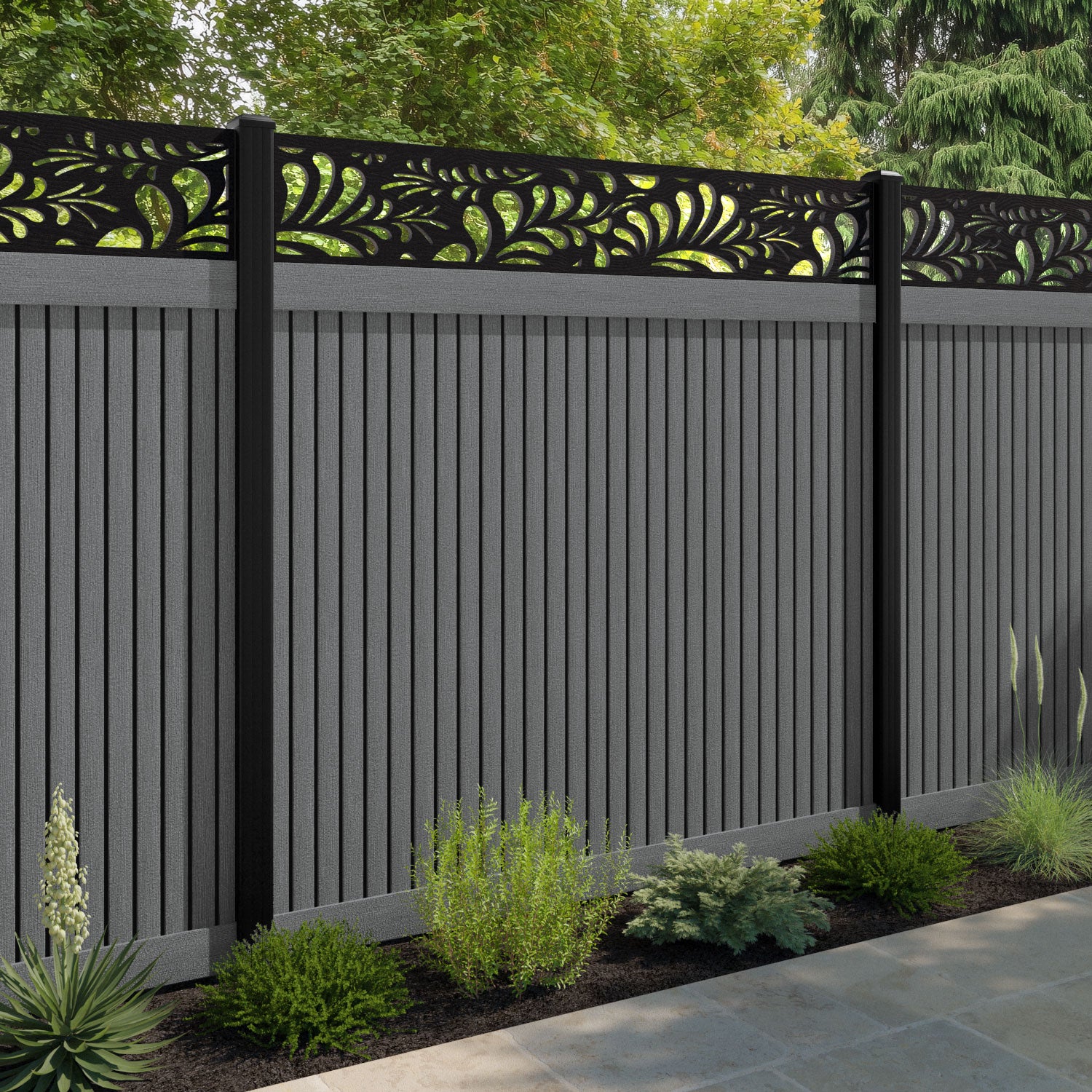 Virtis Petal Fence Panel - Mid Grey - with our composite posts