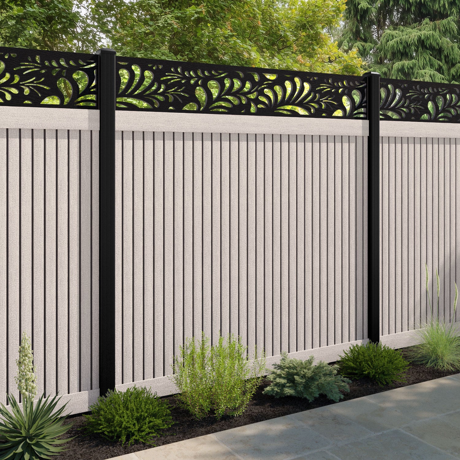 Virtis Petal Fence Panel - Mid Stone - with our aluminium posts