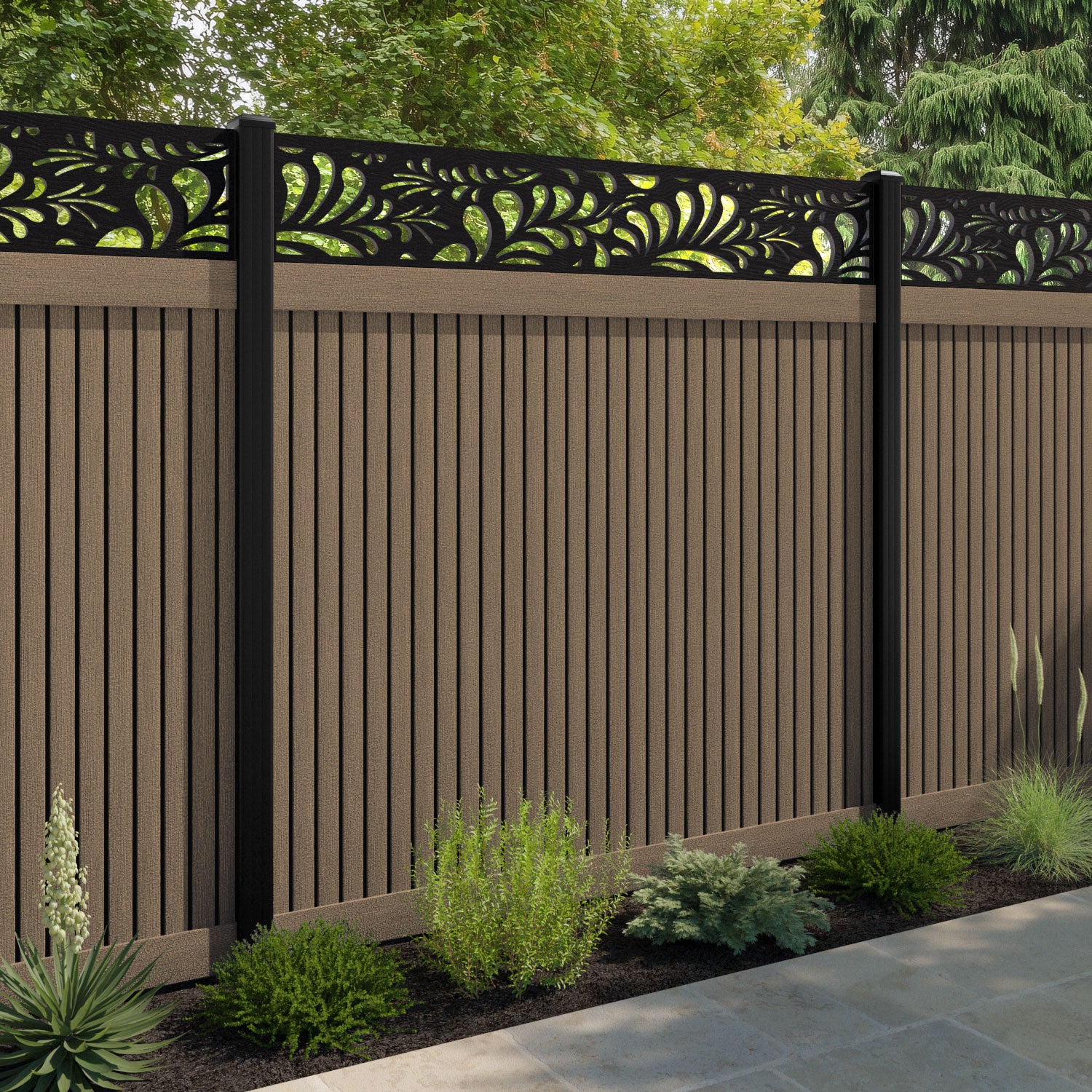 Virtis Petal Fence Panel - Teak - with our aluminium posts