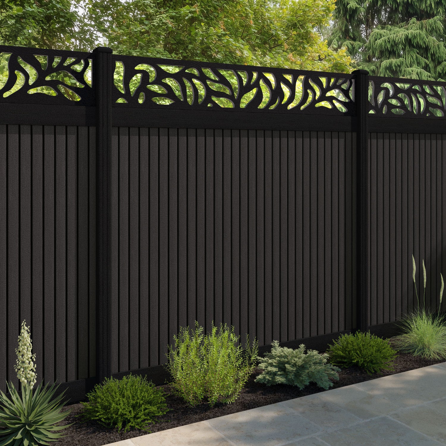 Virtis Plume Fence Panel - Dark Oak - with our aluminium posts
