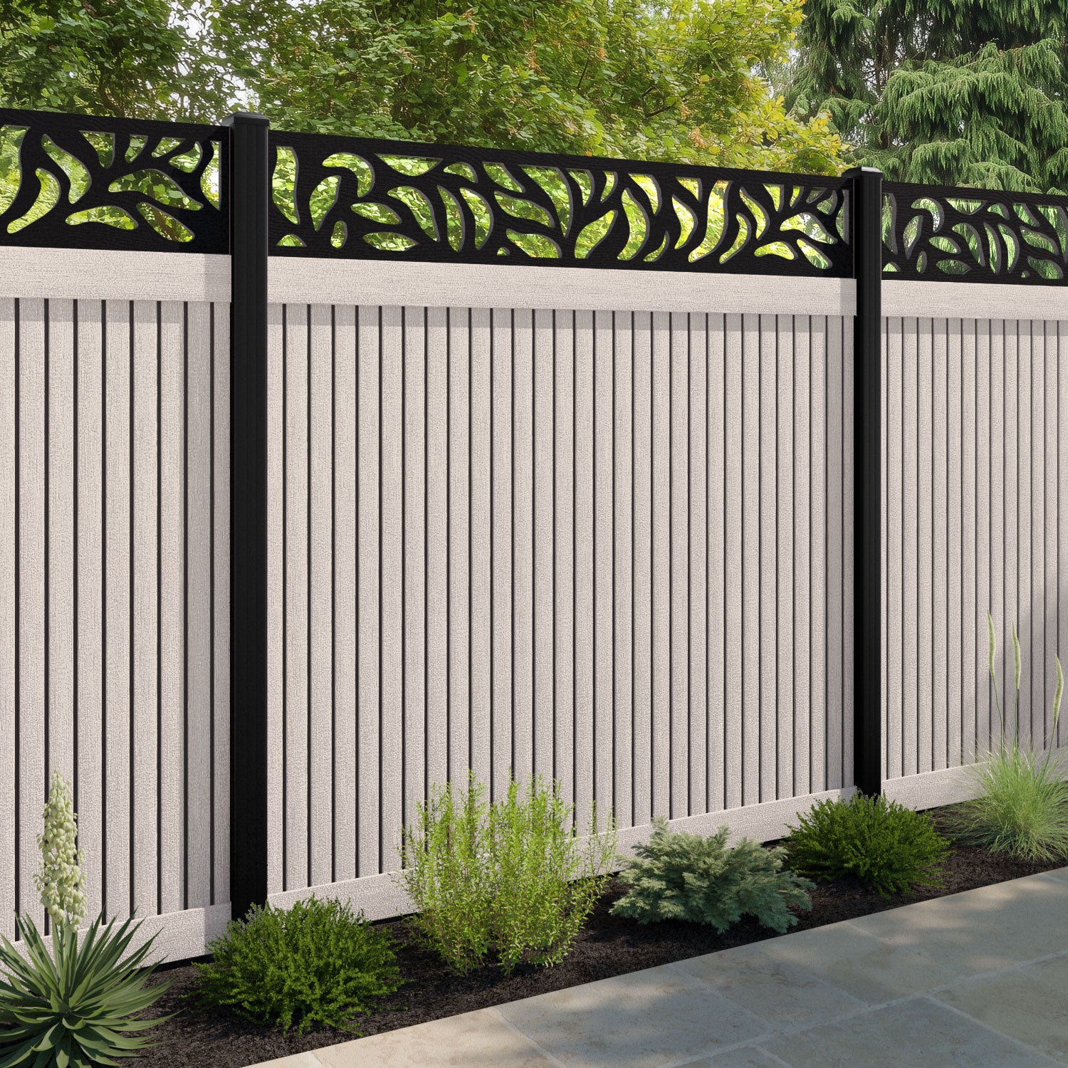 Virtis Plume Fence Panel - Mid Stone - with our aluminium posts