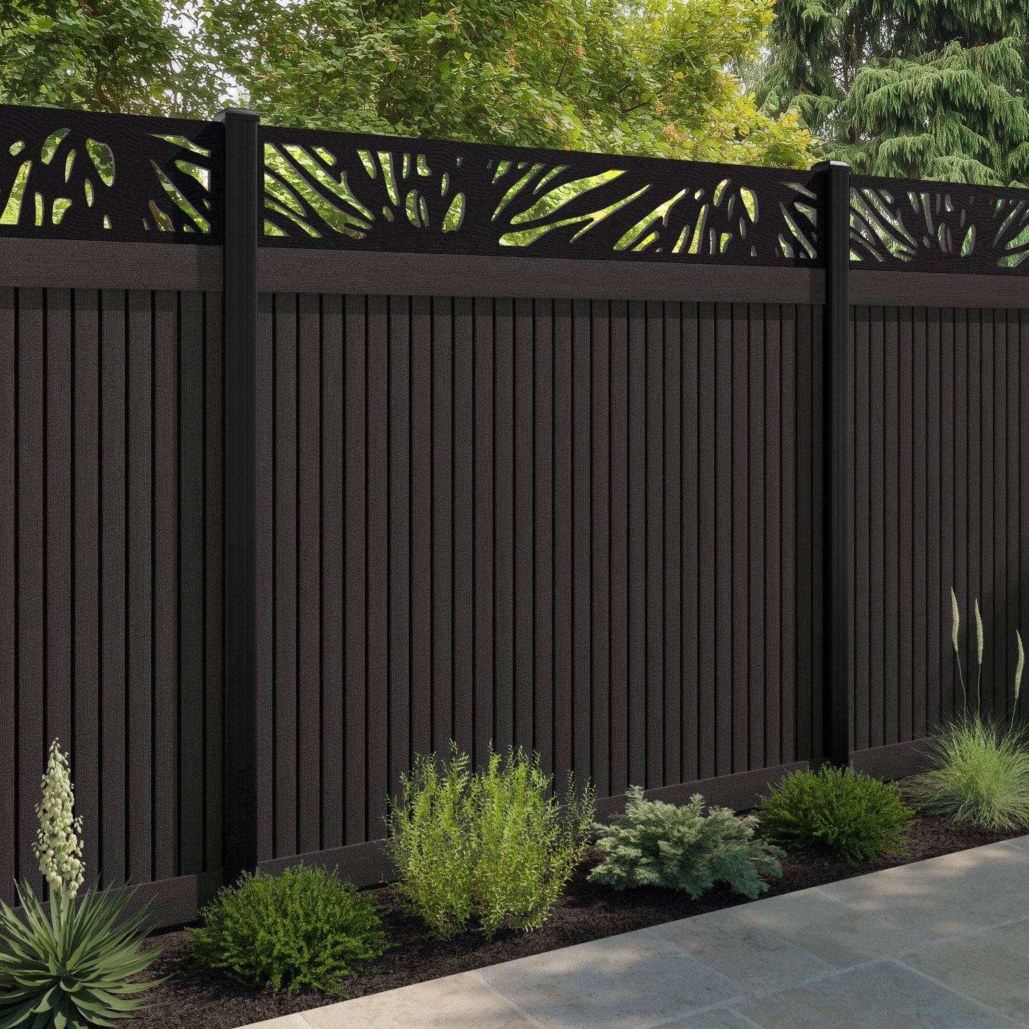 Virtis Poppy Fence Panel - Dark Oak - with our aluminium posts