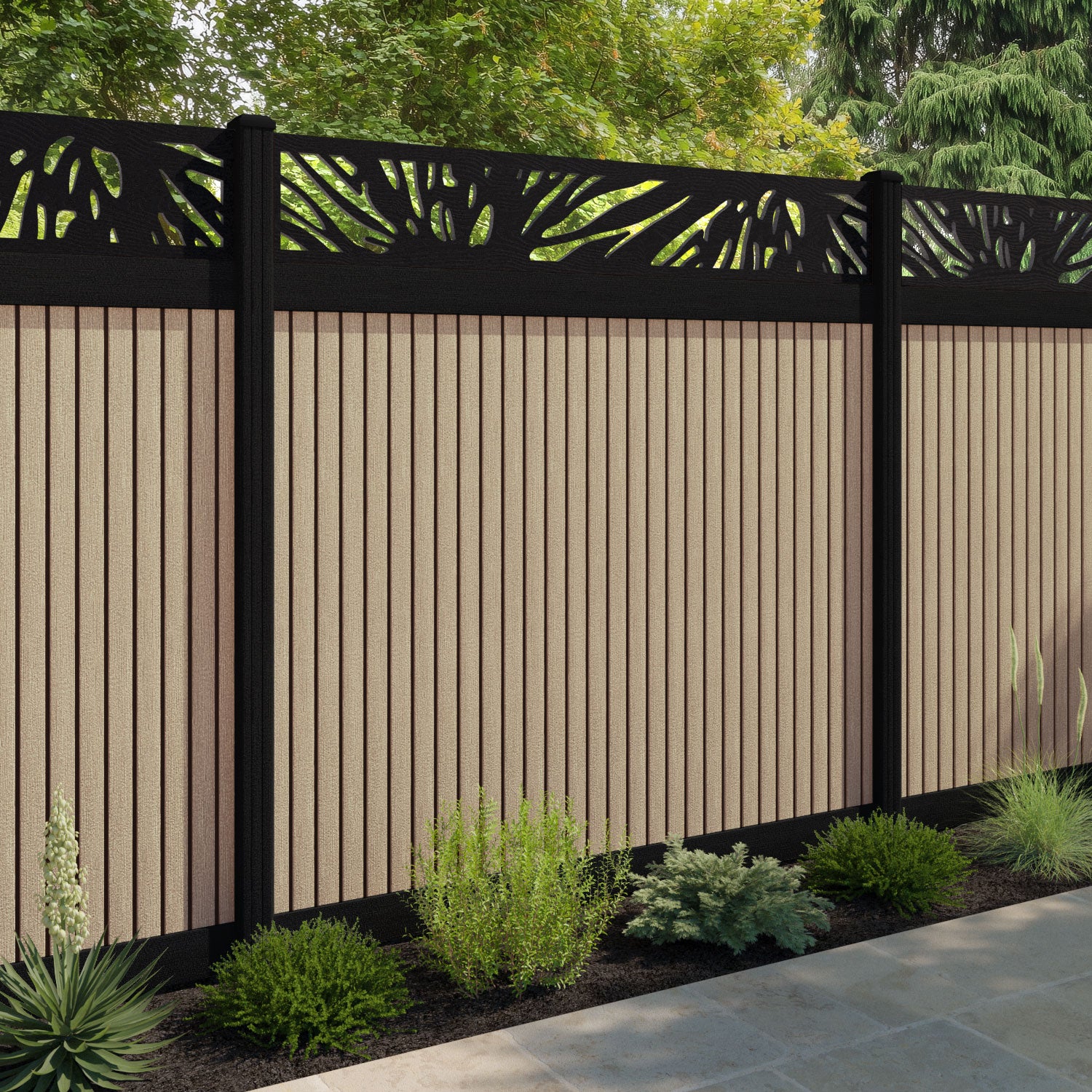 Virtis Poppy Fence Panel - Light Oak - with our aluminium posts