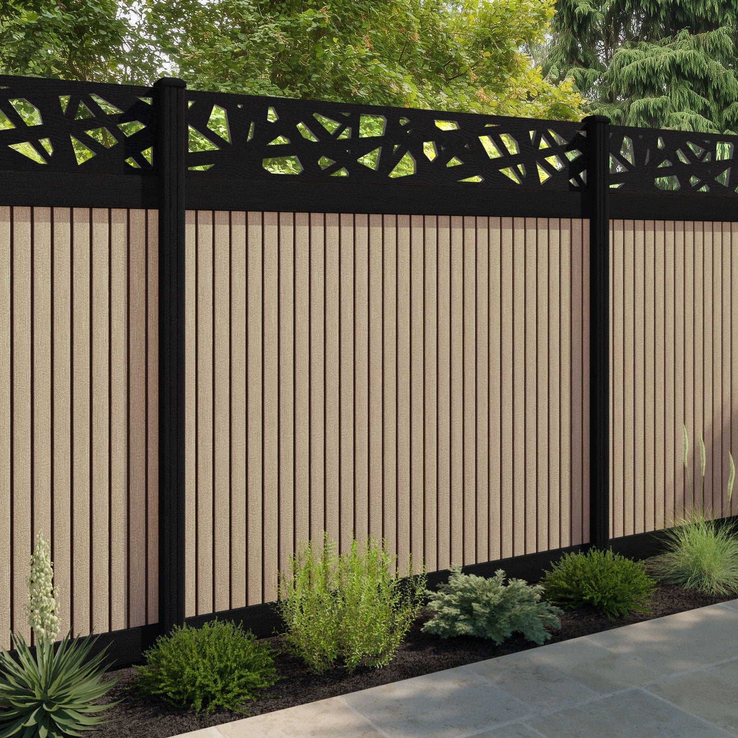 Virtis Prism Fence Panel - Light Oak - with our aluminium posts
