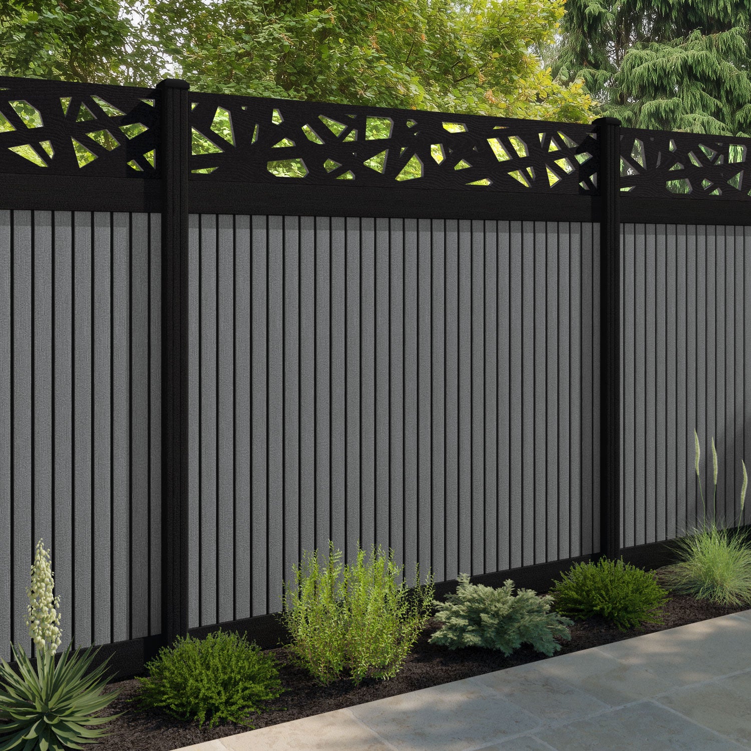 Virtis Prism Fence Panel - Mid Grey - with our aluminium posts