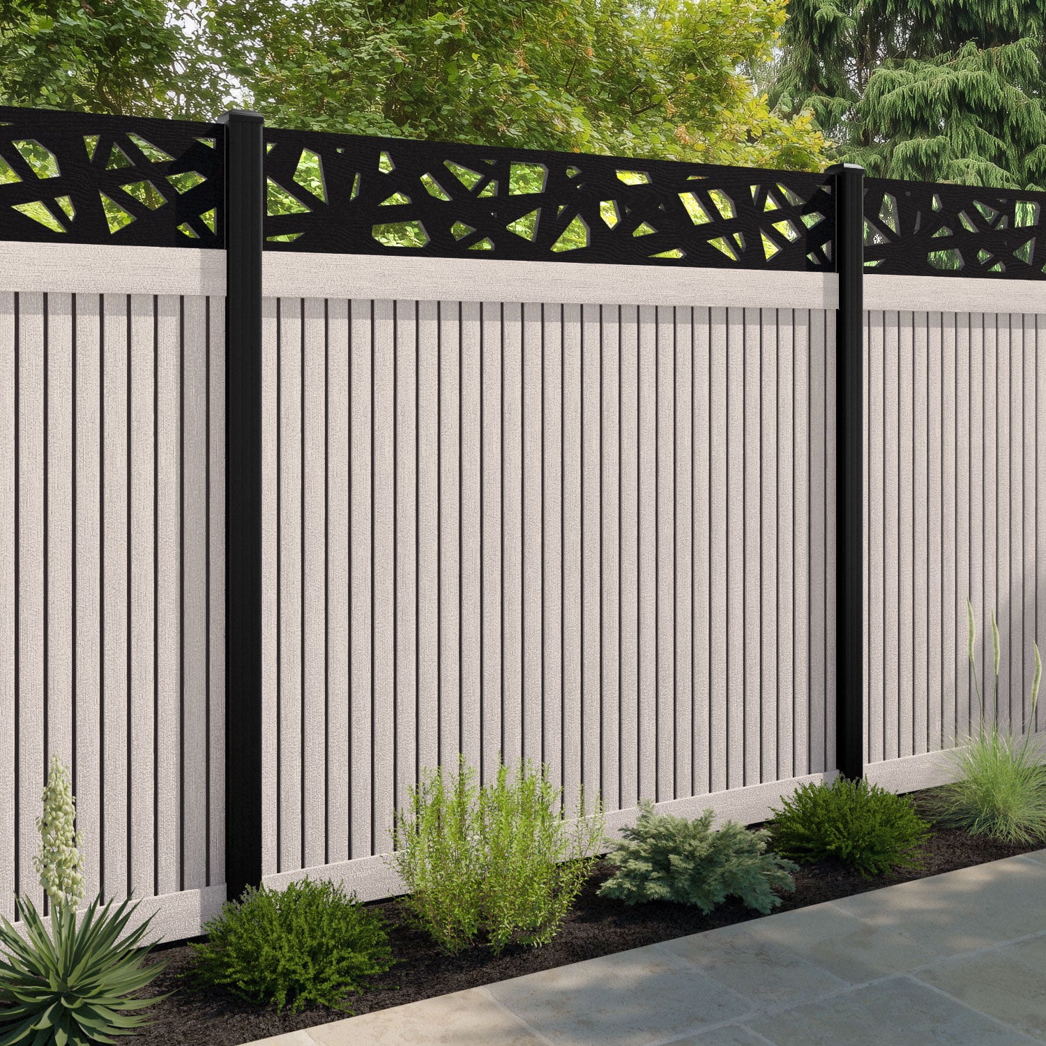 Virtis Prism Fence Panel - Mid Stone - with our aluminium posts