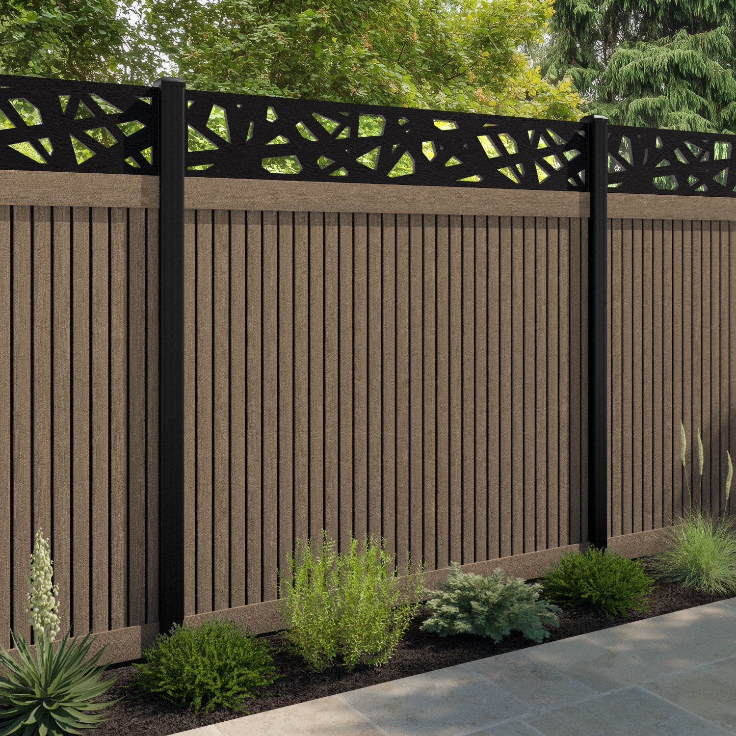 Virtis Prism Fence Panel - Teak - with our aluminium posts