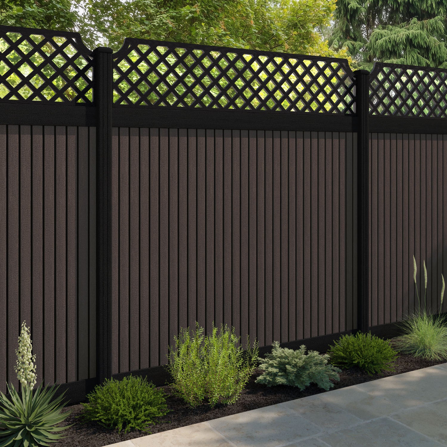 Virtis Regal Hive Fence Panel - Mid Brown - with our aluminium posts