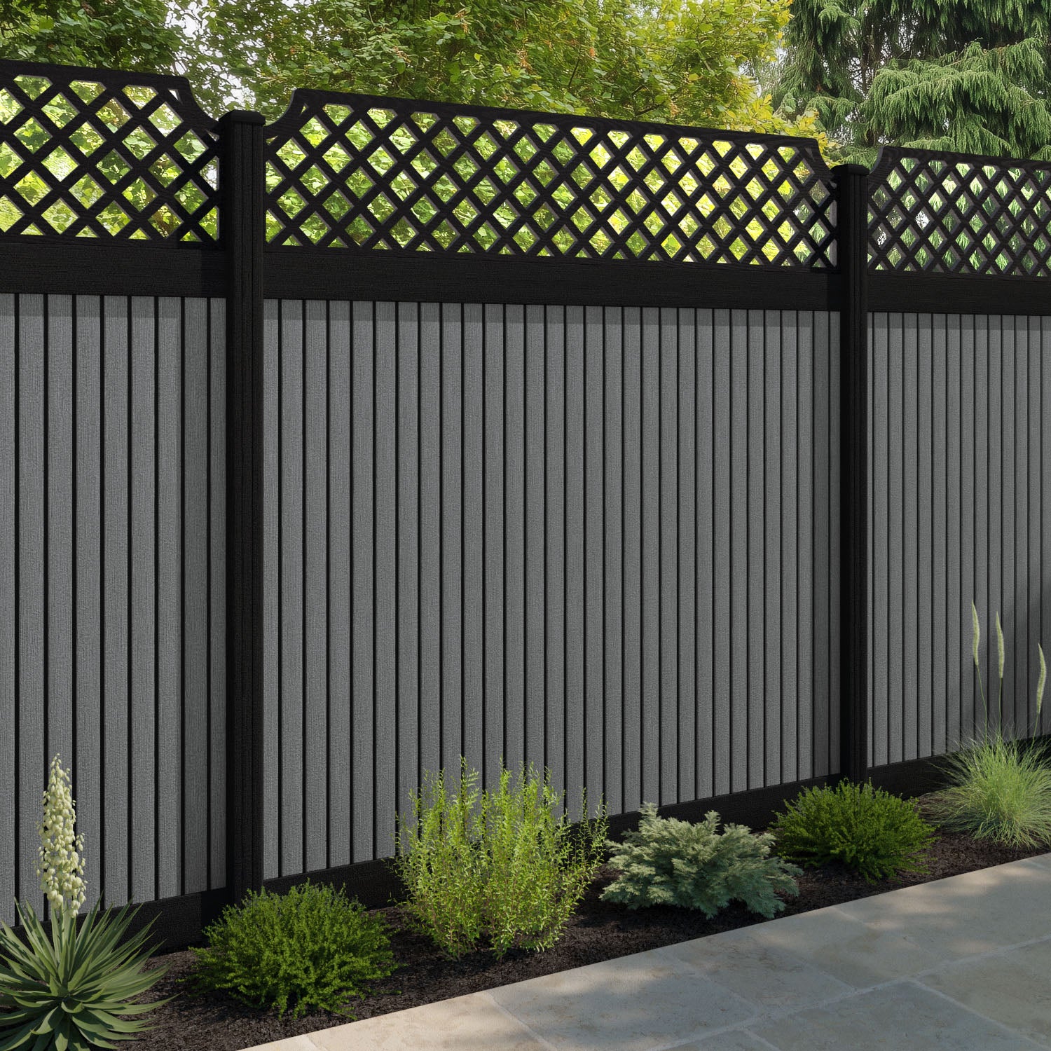 Virtis Regal Hive Fence Panel - Mid Grey - with our aluminium posts