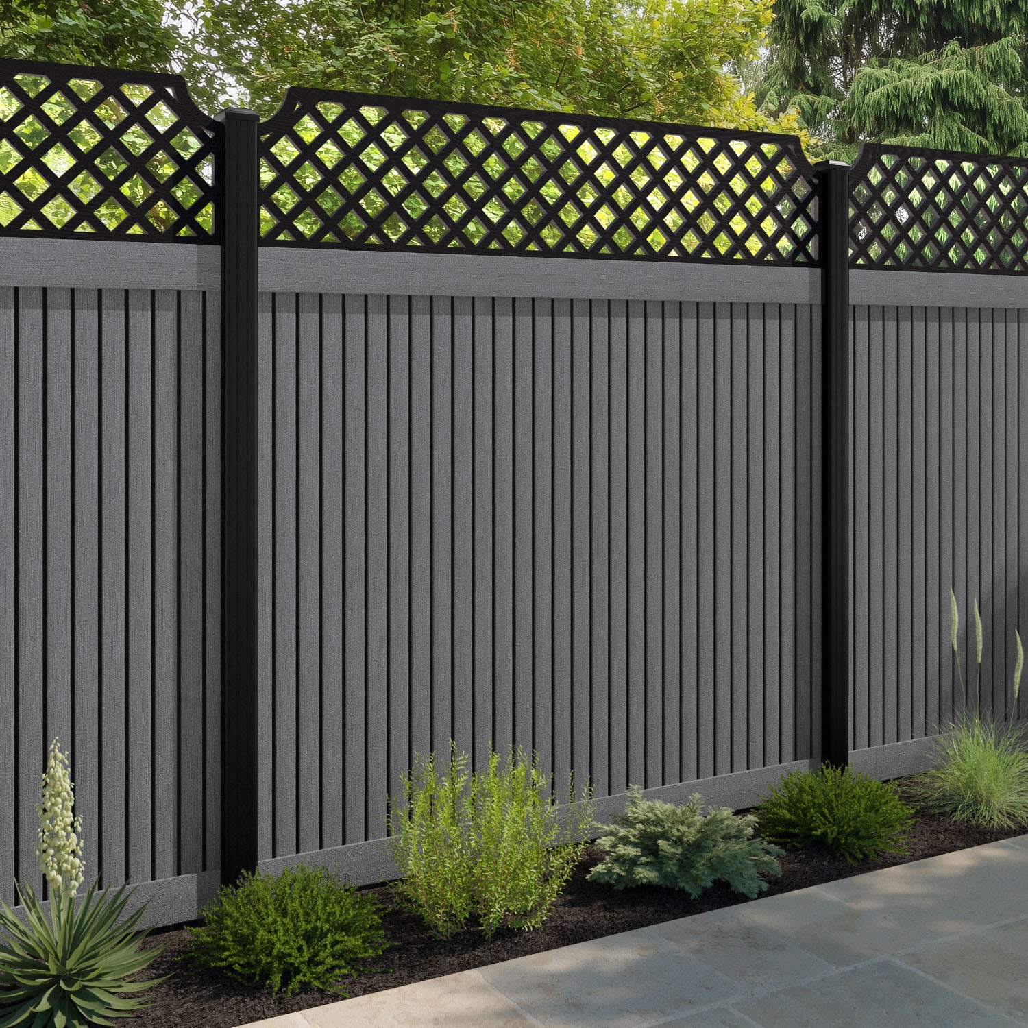 Virtis Regal Hive Fence Panel - Mid Grey - with our aluminium posts