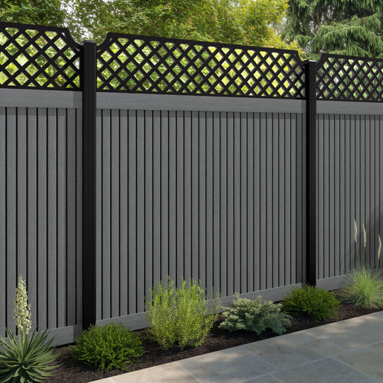 Virtis Regal Hive Fence Panel - Mid Grey - with our aluminium posts