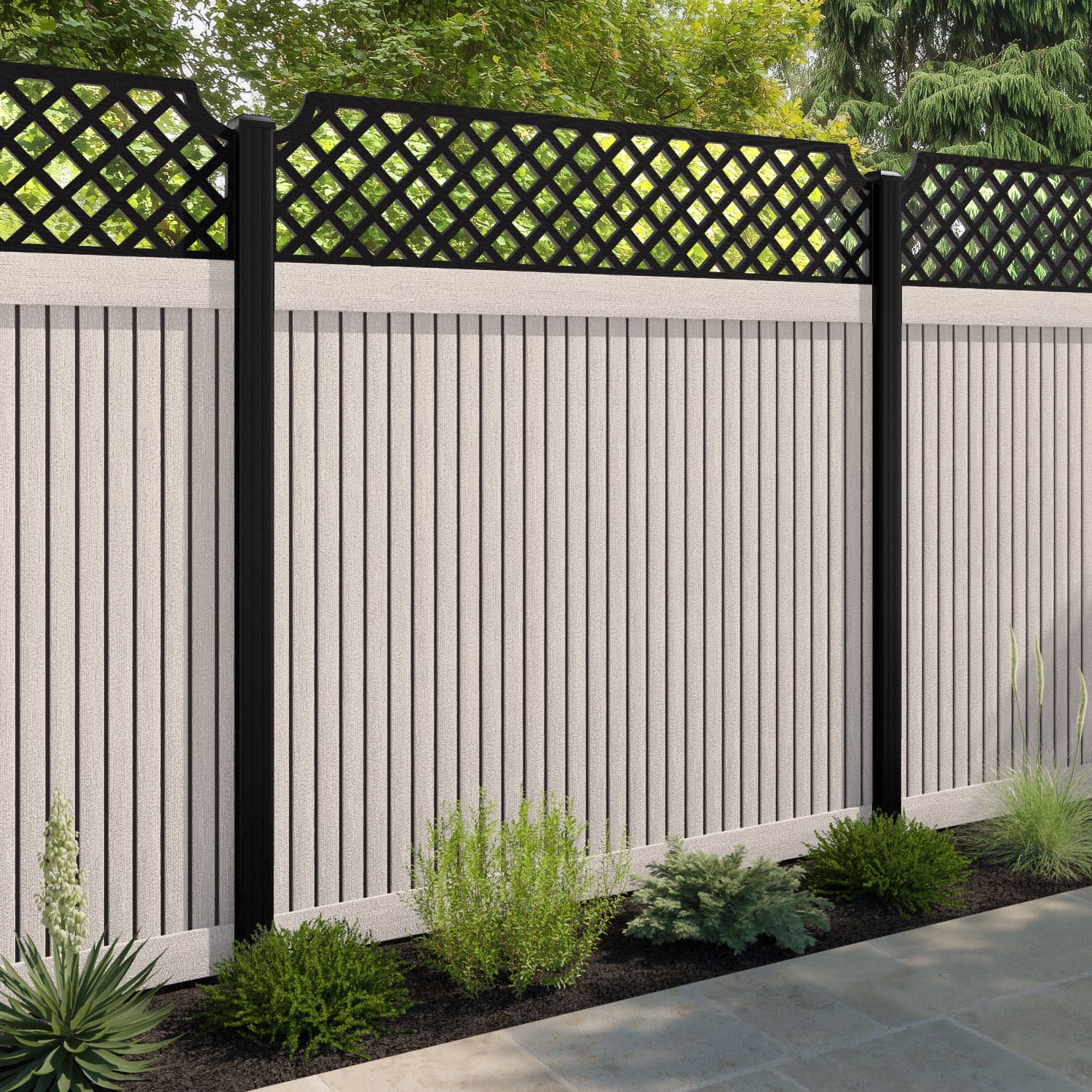 Virtis Regal Hive Fence Panel - Mid Stone - with our aluminium posts