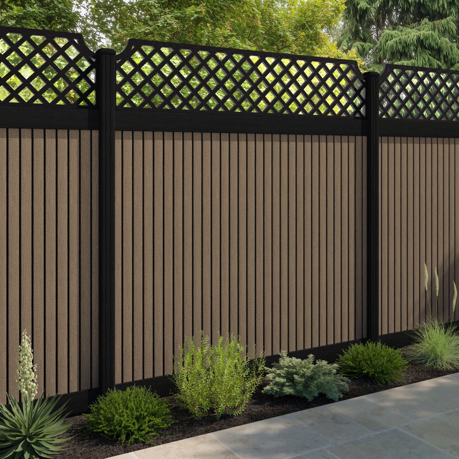 Virtis Regal Hive Fence Panel - Teak - with our aluminium posts