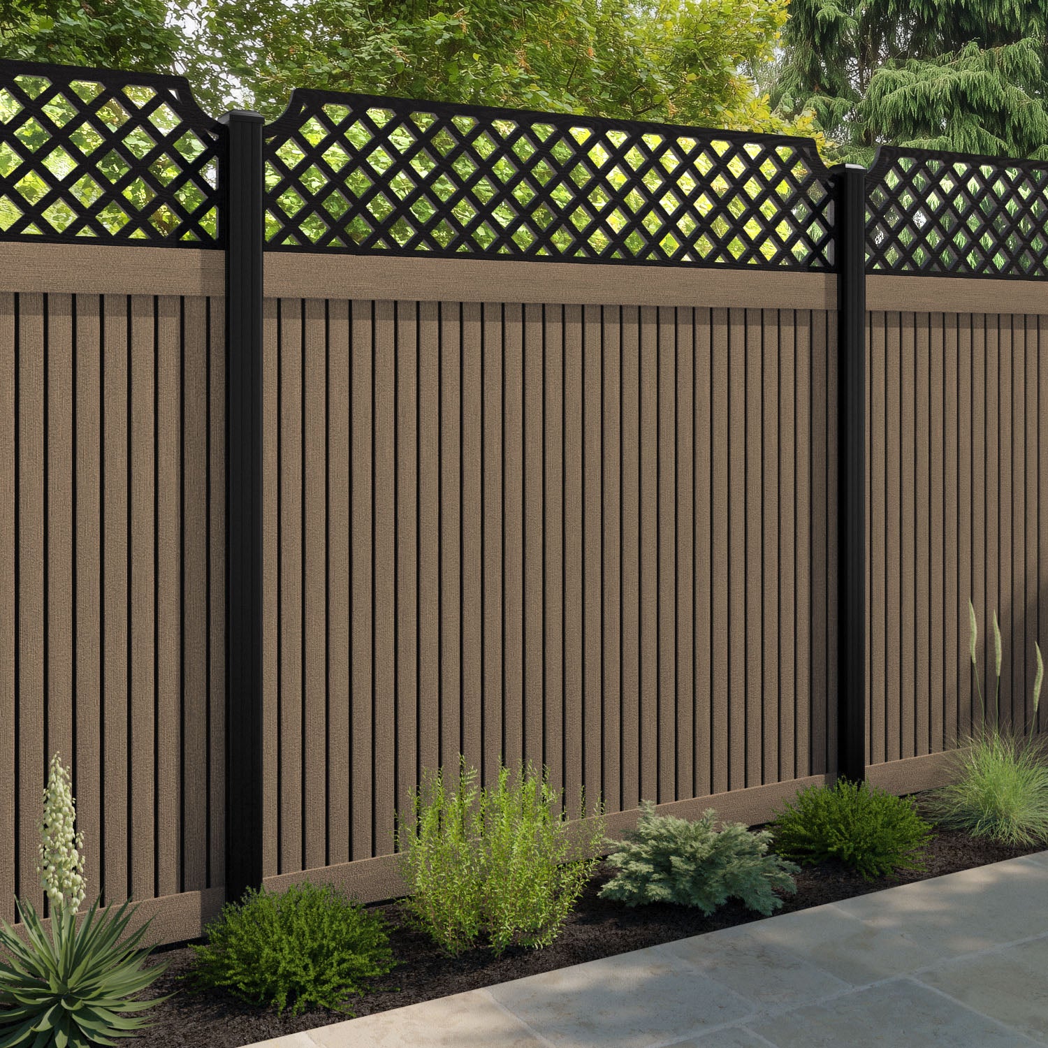 Virtis Regal Hive Fence Panel - Teak - with our aluminium posts