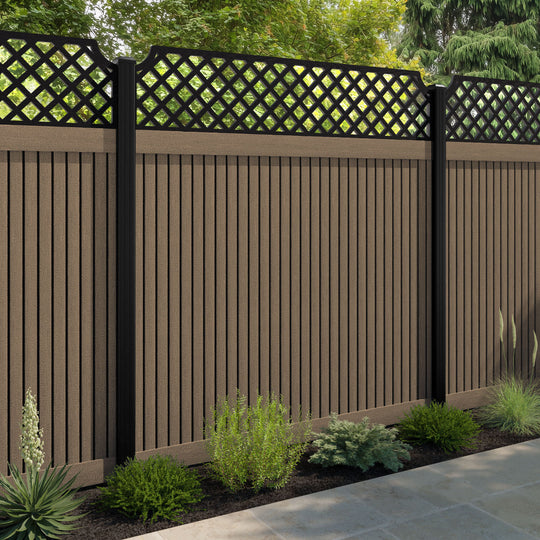 Virtis Regal Hive Fence Panel - Teak - with our aluminium posts