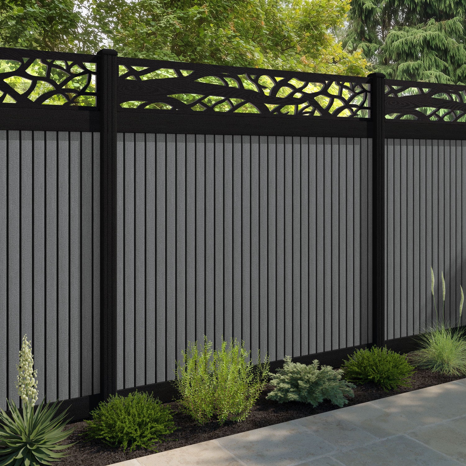 Virtis Twilight Fence Panel - Mid Grey - with our aluminium posts