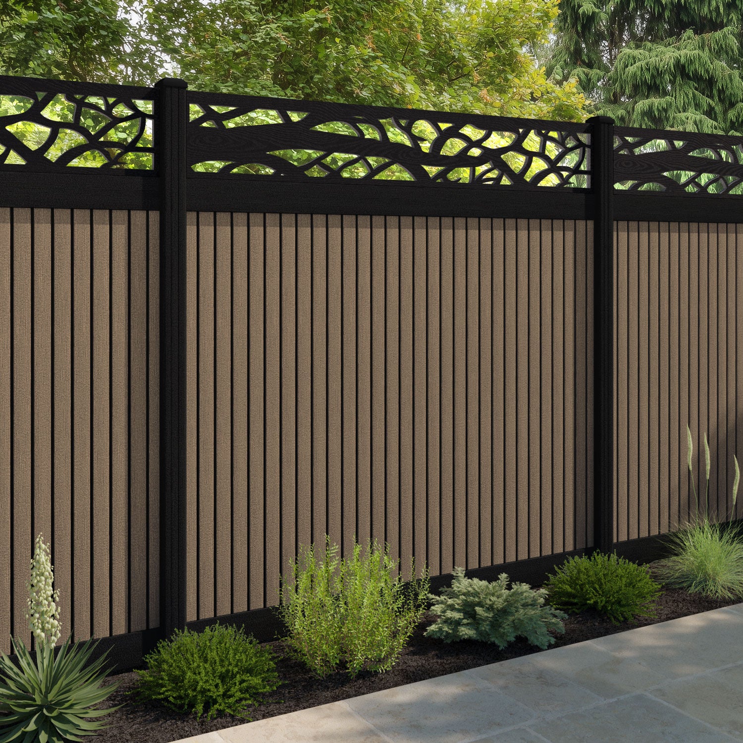 Virtis Twilight Fence Panel - Teak - with our aluminium posts