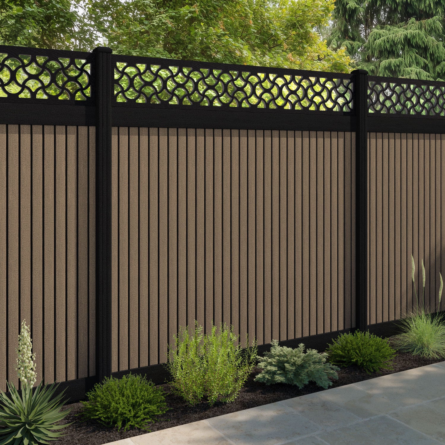 Virtis Vida Fence Panel - Teak - with our aluminium posts