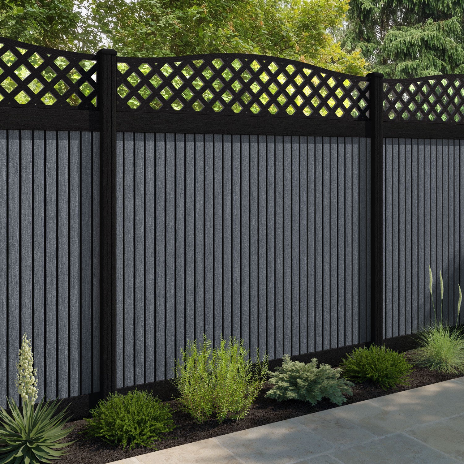 Virtis High Wave Fence Panel - Anthracite - with our aluminium posts