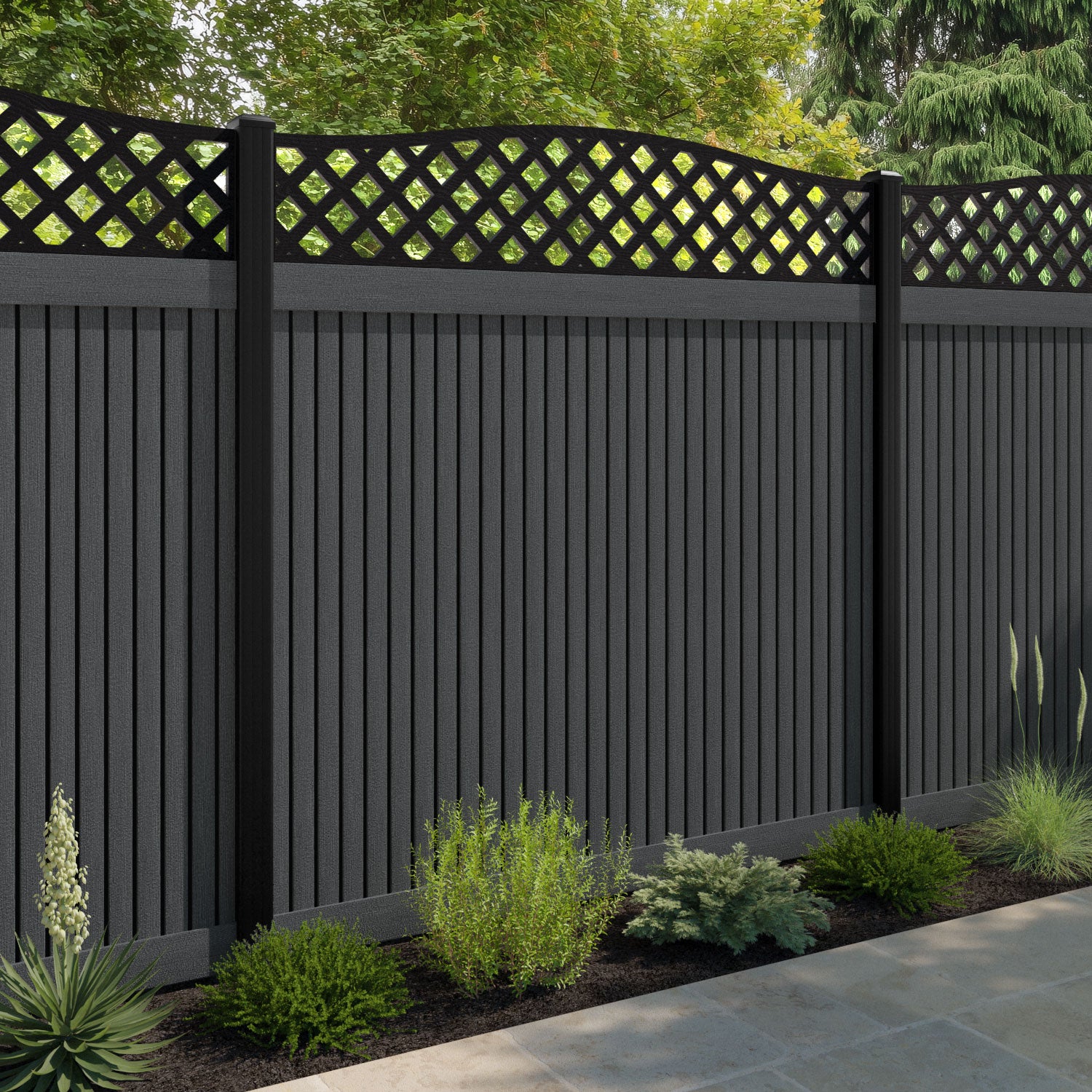 Virtis High Wave Fence Panel - Dark Grey - with our composite posts