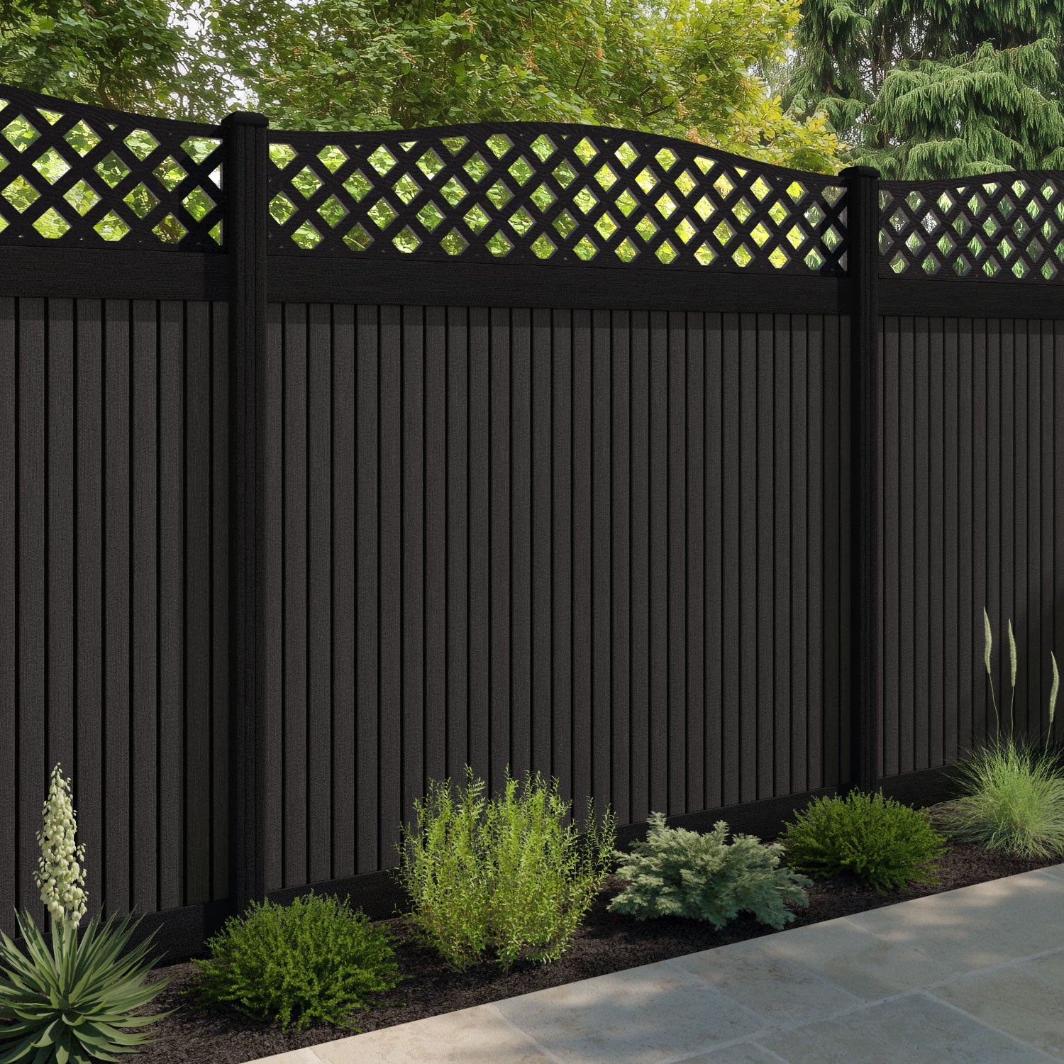 Virtis High Wave Fence Panel - Dark Oak - with our composite posts