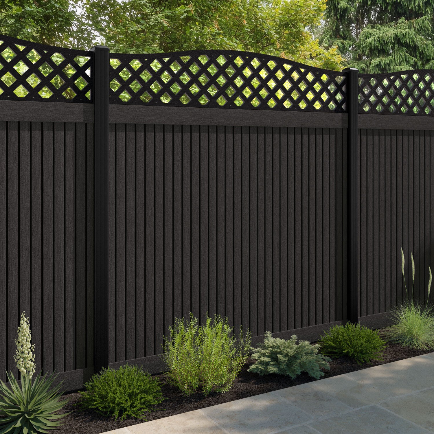 Virtis High Wave Fence Panel - Dark Oak - with our aluminium posts