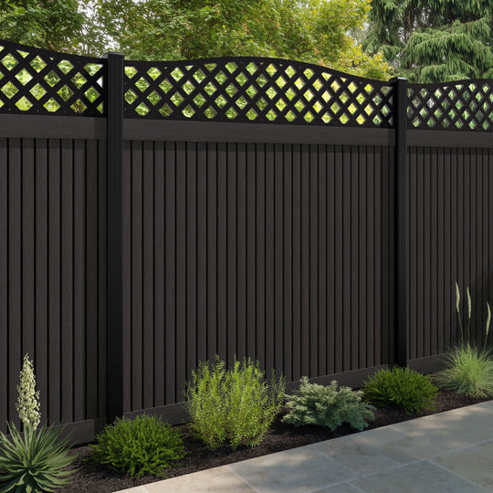 Virtis High Wave Fence Panel - Dark Oak - with our aluminium posts