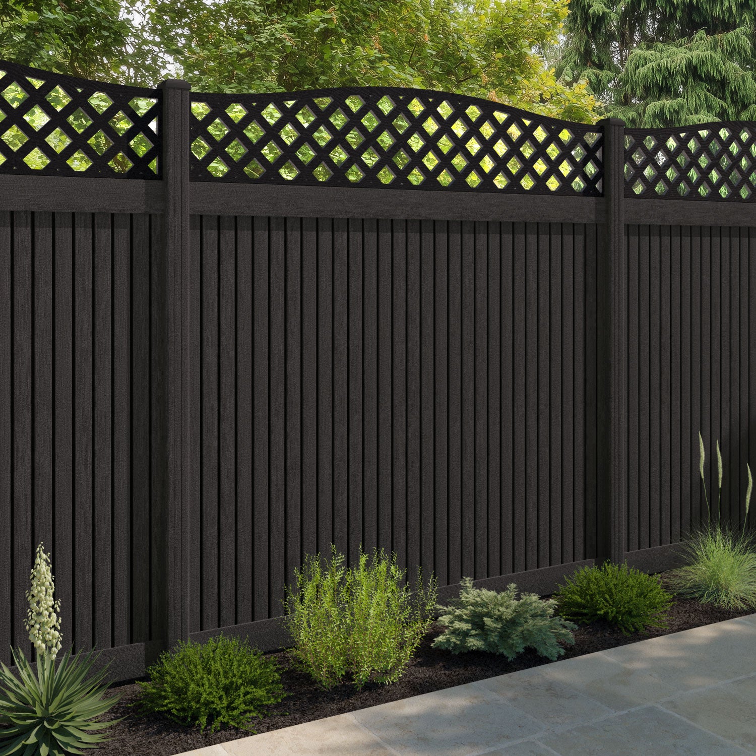 Virtis High Wave Fence Panel - Dark Oak - with our composite posts