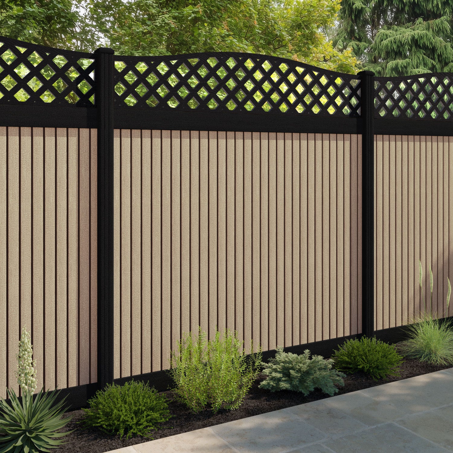Virtis High Wave Fence Panel - Light Oak - with our composite posts
