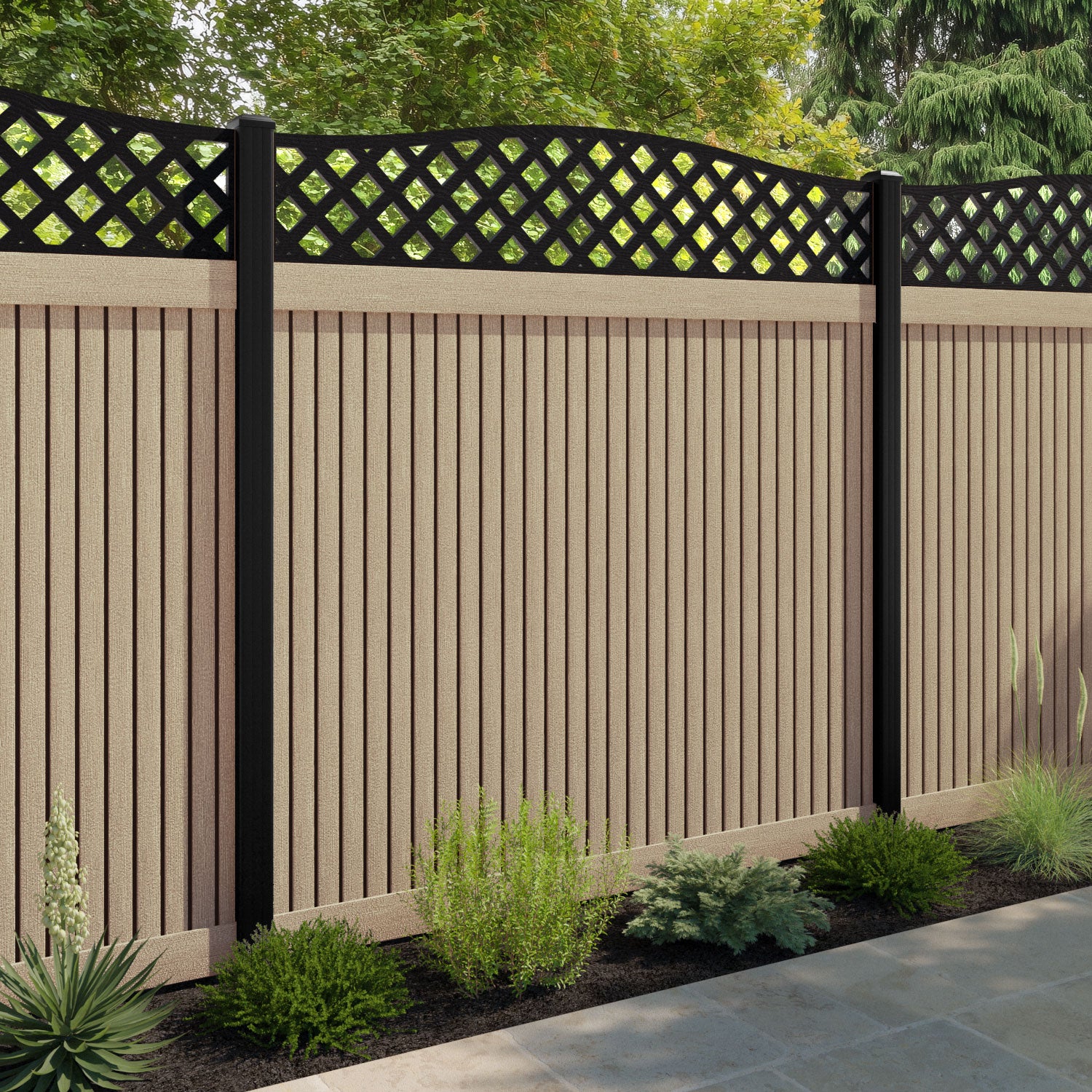 Virtis High Wave Fence Panel - Light Oak - with our composite posts