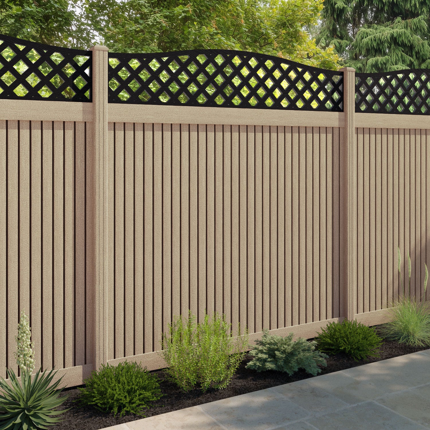 Virtis High Wave Fence Panel - Light Oak - with our composite posts