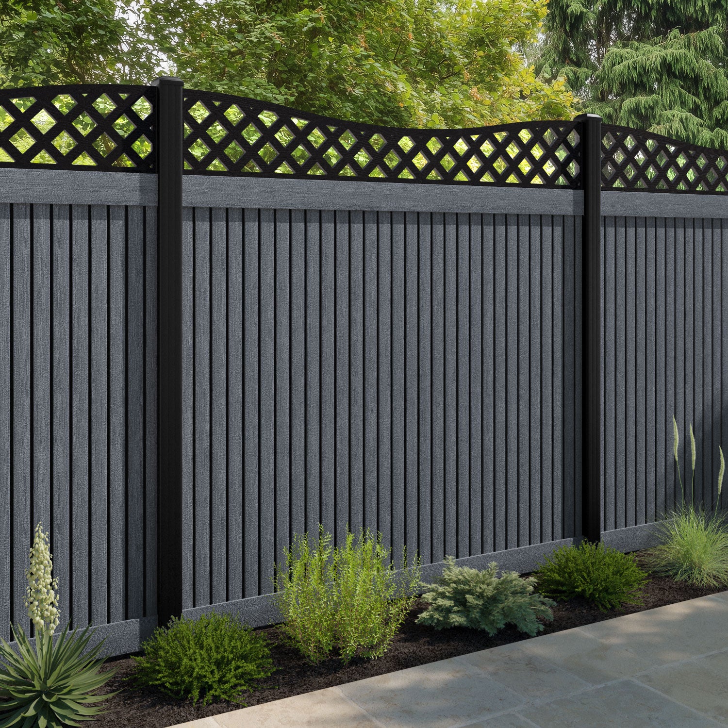Virtis Low Wave Fence Panel - Anthracite - with our aluminium posts