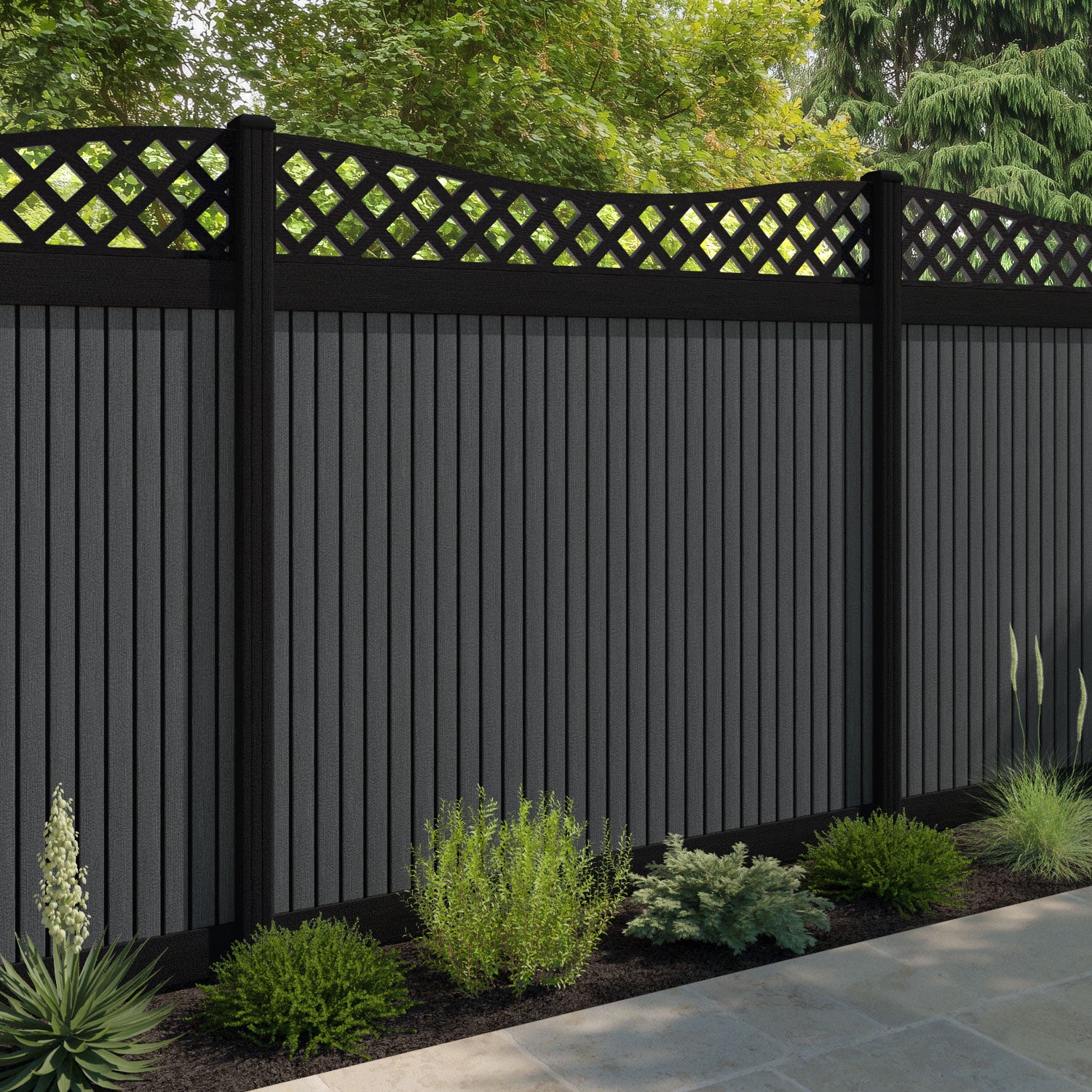 Virtis Low Wave Fence Panel - Dark Grey - with our aluminium posts