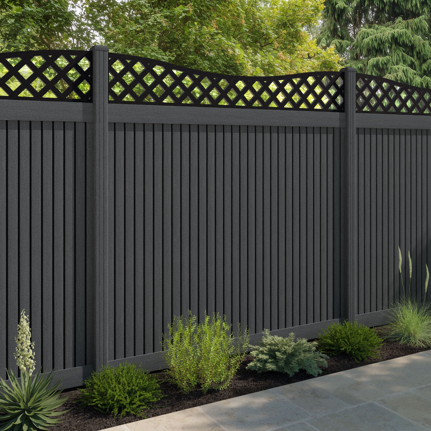 Virtis Low Wave Fence Panel - Dark Grey - with our composite posts