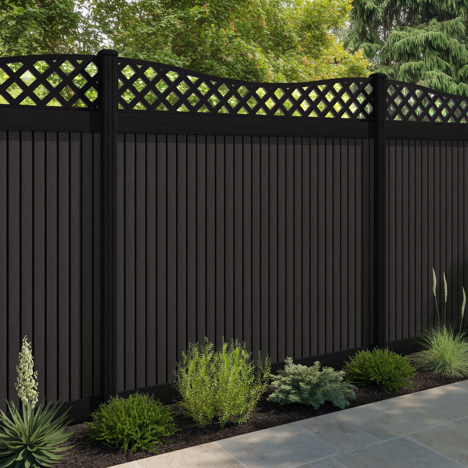 Virtis Low Wave Fence Panel - Dark Oak - with our composite posts