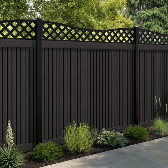 Virtis Low Wave Fence Panel - Dark Oak - with our aluminium posts