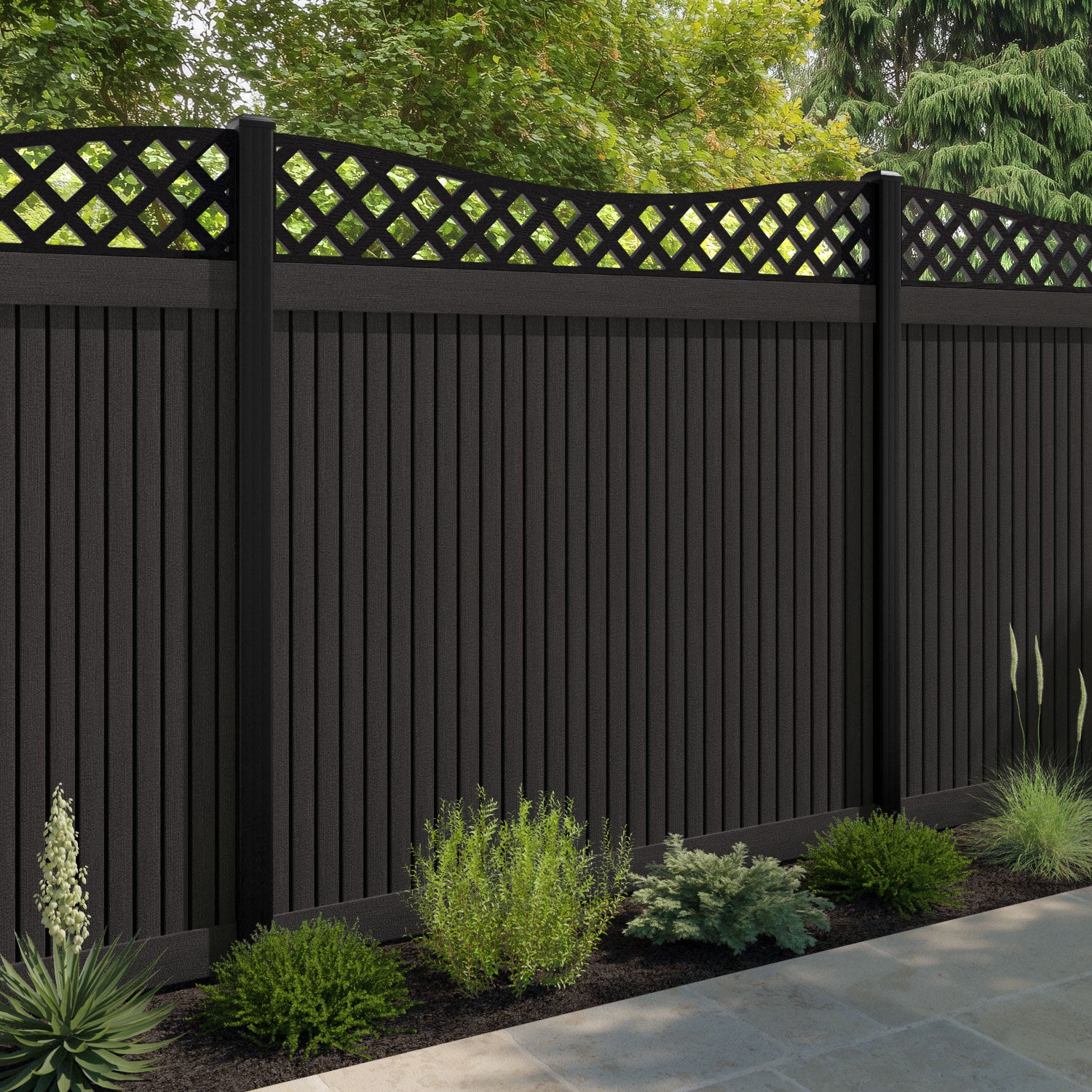 Virtis Low Wave Fence Panel - Dark Oak - with our composite posts