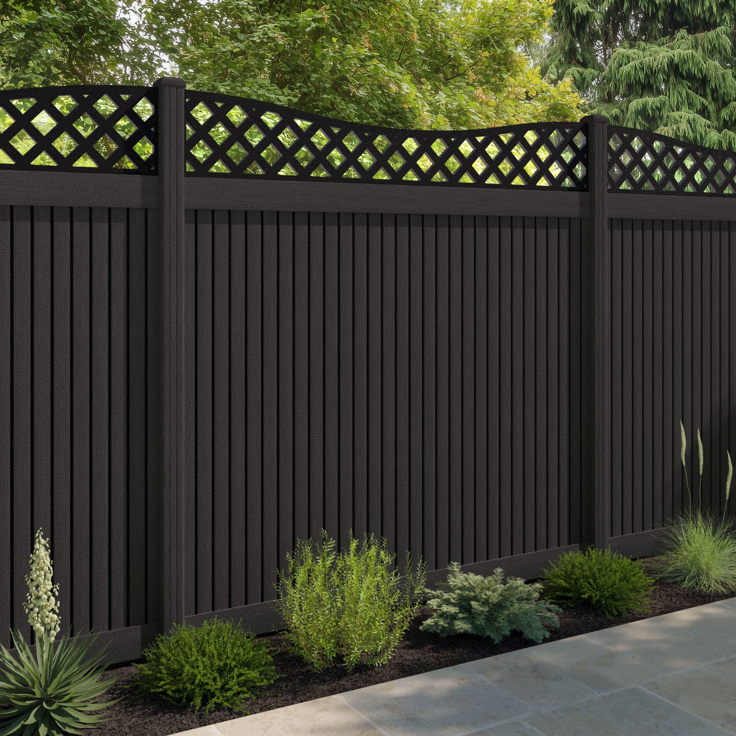 Virtis Low Wave Fence Panel - Dark Oak - with our composite posts