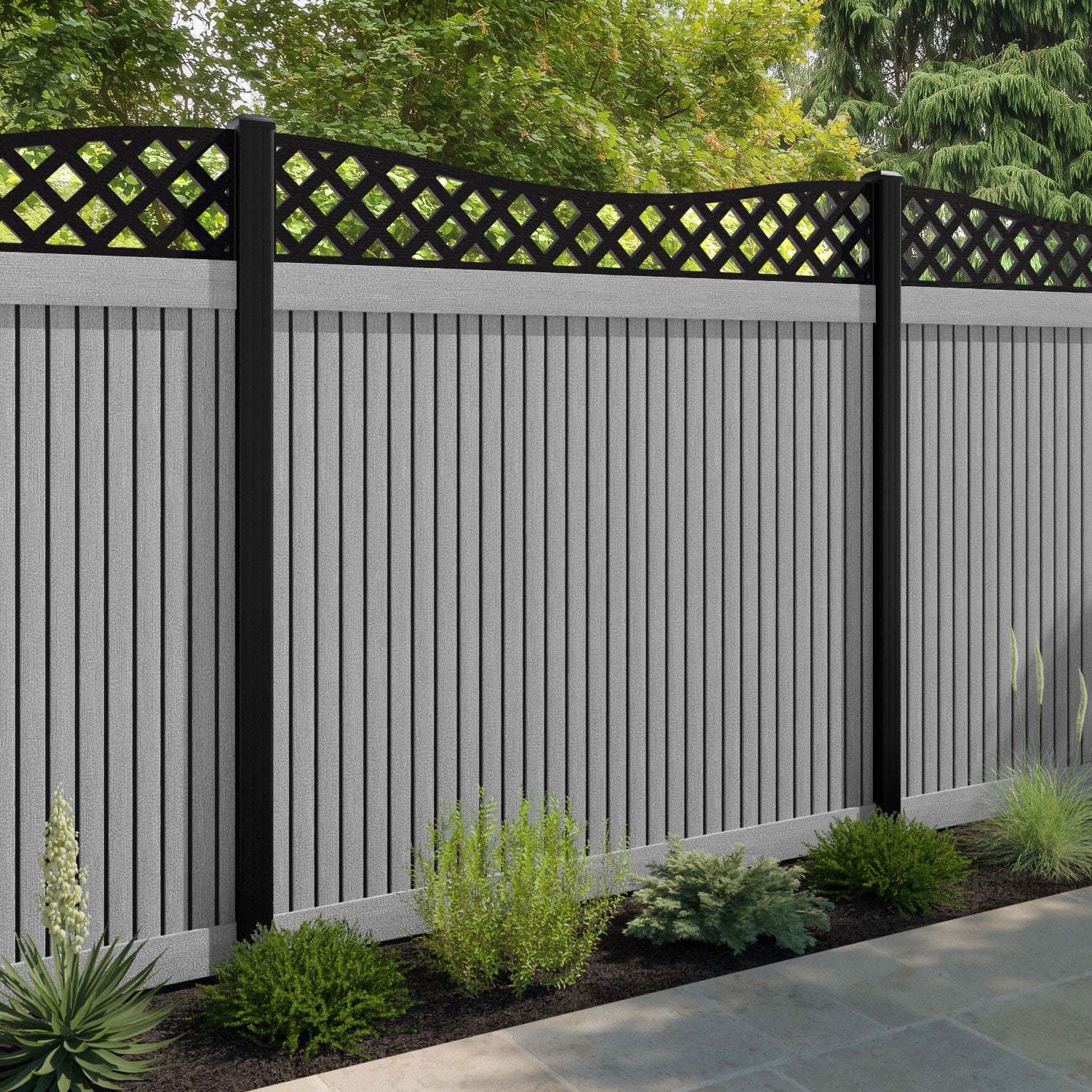 Virtis Low Wave Fence Panel - Light Grey - with our composite posts