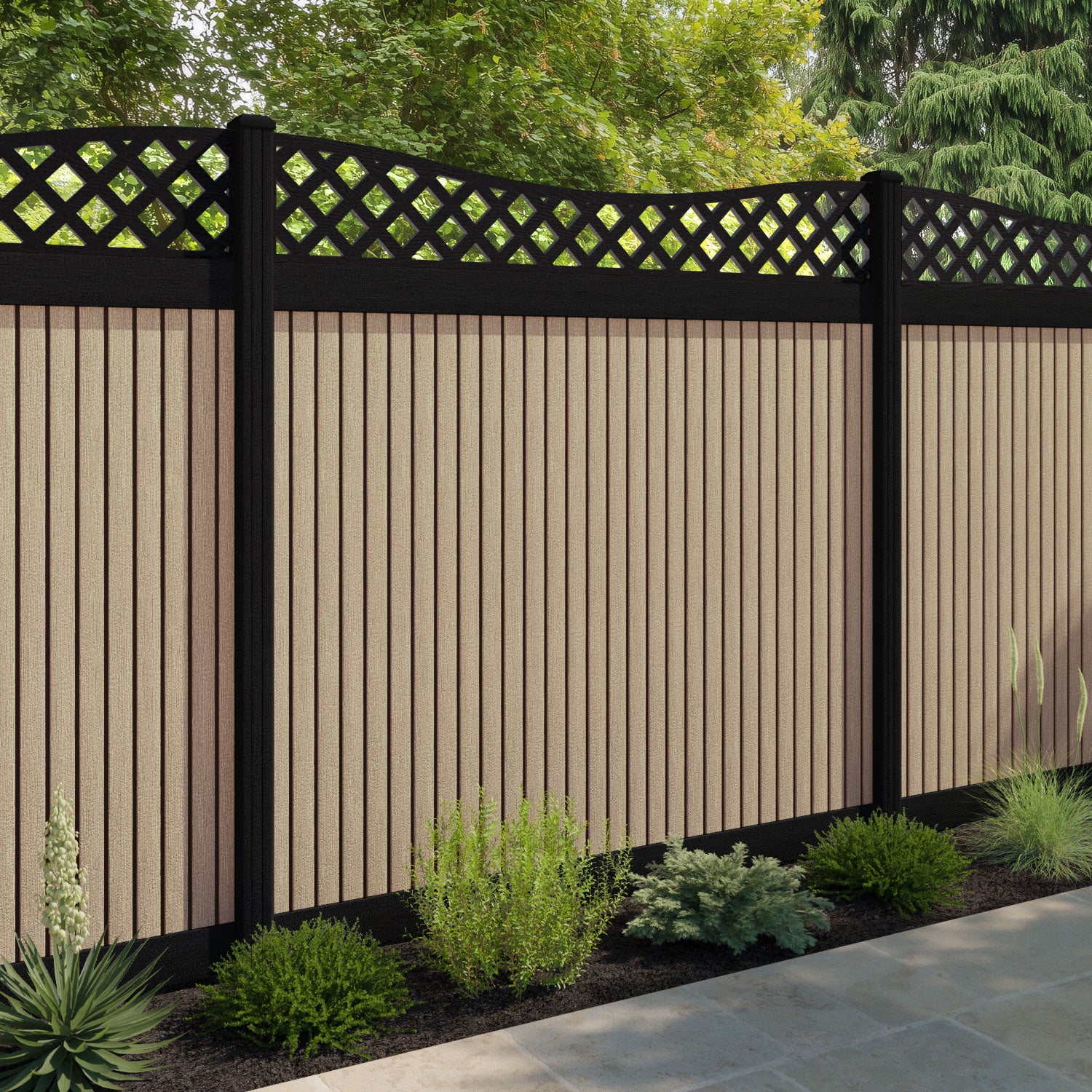 Virtis Low Wave Fence Panel - Light Oak - with our composite posts