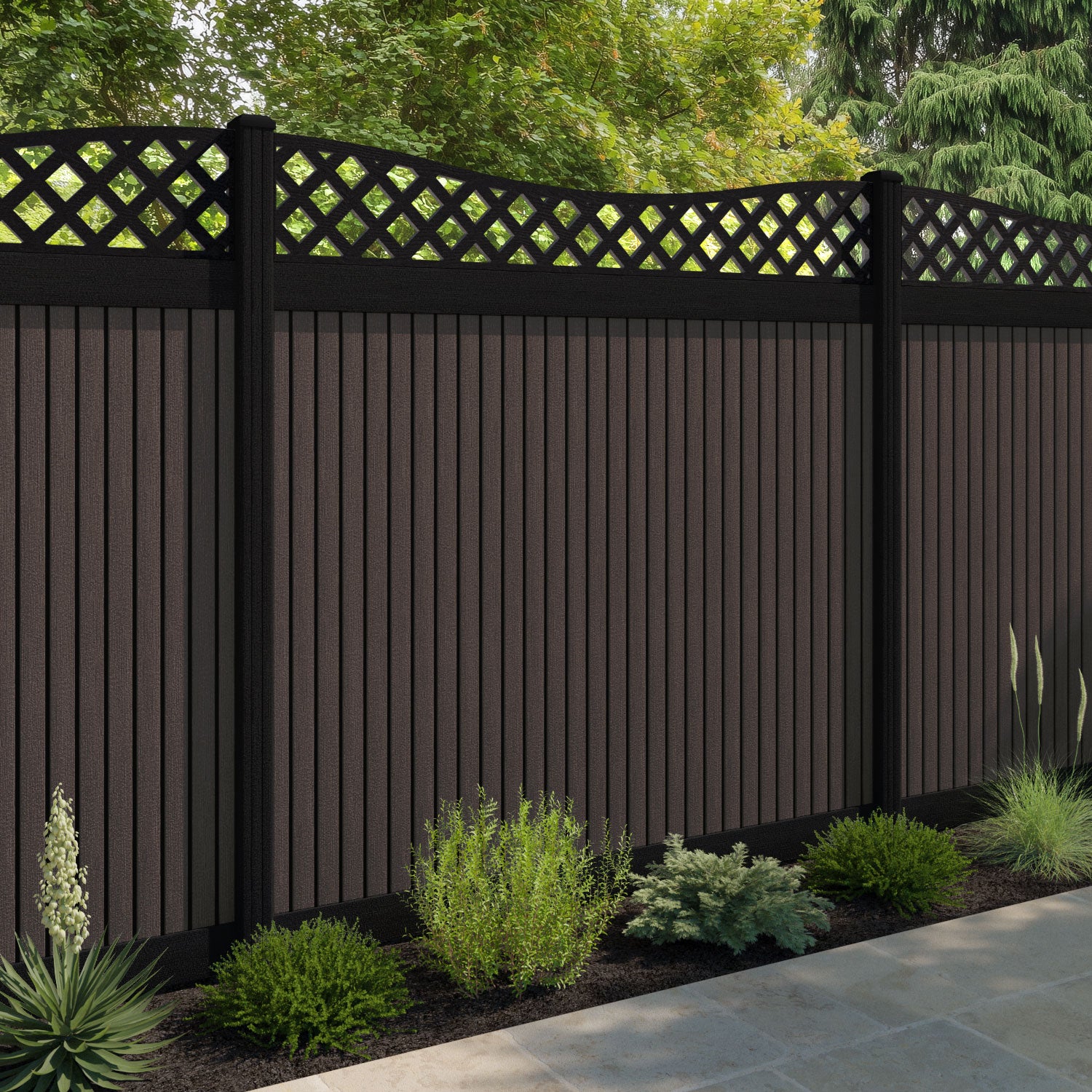 Virtis Low Wave Fence Panel - Mid Brown - with our composite posts