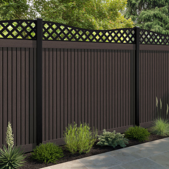 Virtis Low Wave Fence Panel - Mid Brown - with our aluminium posts
